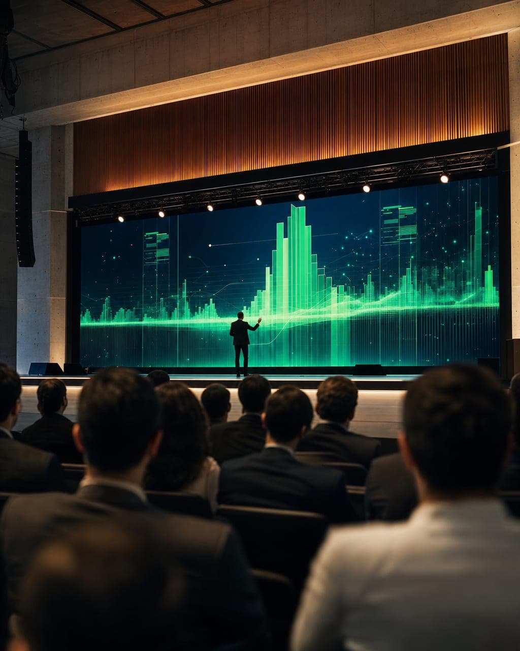 Corporate tech conference event with speaker on stage and emerald LED data visualization